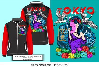 T shirt print design or Jacket Japanese style.Geisha with Lotus and Sakura background. Mock up T shirt,Jacket and Graphic printing. Vector illustration. Japanese Translation: Geisha