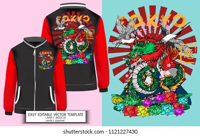 T shirt print design or jacket Japanese style.King  Dragon (Ryu) with sea and Sakura background.Mock up T shirt,Jacket and Graphic printing.vector.illustration.Japanese Translation: Dragon