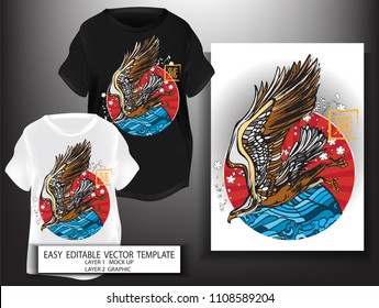 T shirt print design Japanese style.black and brown Eagle with sea and Sakura background.Mock up Black and white T shirt and Graphic printing.vector.illustration.Japanese Translation: Eagle
