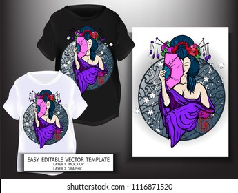 T shirt print design Japanese style Geisha with blues sea and white Sakura background. Mock up Black and white T shirt and Graphic printing. Vector illustration. Japanese Translation: Geisha