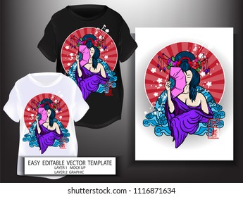 T shirt print design Japanese style Geisha with red sun, blues sea and white Sakura background. Mock up Black and white T shirt and Graphic printing. Vector illustration. Japanese Translation: Geisha