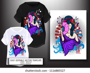 T shirt print design Japanese style Geisha with red sun, blues sea and white Sakura background. Mock up Black and white T shirt and Graphic printing. Vector illustration. Japanese Translation: Geisha