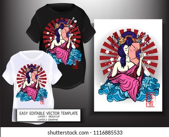 T shirt print design Japanese style Geisha with red sun, blues sea and white Sakura background. Mock up Black and white T shirt and Graphic printing. Vector illustration. Japanese Translation: Geisha