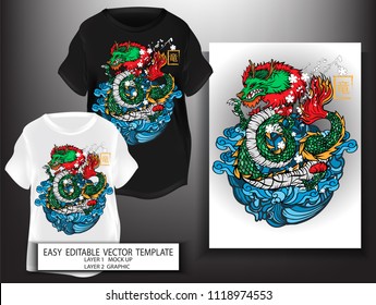 T shirt print design Japanese style.King  Dragon (Ryu) with sea and Sakura background.Mock up Black and white T shirt and Graphic printing.vector.illustration.Japanese Translation: Dragon