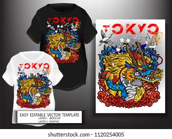 T shirt print design Japanese style.Head Dragon (Ryu) with tokyo front and Sakura background.Mock up Black and white T shirt and Graphic printing.vector.illustration.Japanese Translation: Dragon