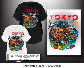 T shirt print design Japanese style.Head Dragon (Ryu) with tokyo front and Sakura background.Mock up Black and white T shirt and Graphic printing.vector.illustration.Japanese Translation: Dragon