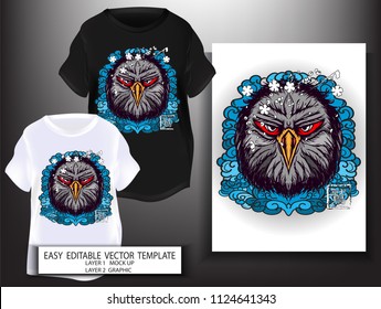 T shirt print design Japanese style. Head Eagle with sea and Sakura background. Mock up Black and white T shirt and Graphic printing. Vector illustration. Japanese Translation: Eagle