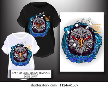 T shirt print design Japanese style. Head Eagle with sea and Sakura background. Mock up Black and white T shirt and Graphic printing. Vector illustration. Japanese Translation: Eagle
