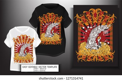 T shirt print design Japanese style.flamingo Bird with sakura,retro frame style art background.Mock up Black t shirt and Graphic printing.vector.illustration.japanese Translation: flamingo Bird