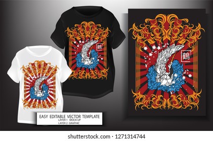 T shirt print design Japanese style.flamingo Bird with sakura,retro frame style art background.Mock up Black t shirt and Graphic printing.vector.illustration.japanese Translation: flamingo Bird