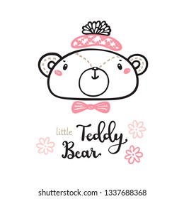 
T shirt Print Design for Kids with Little Cute Bear and "Teddy Bear" Phrase. Scandinavian print or poster for Nursery Design, Baby shower Greeting Card. Cartoon Animal vector illustration. 