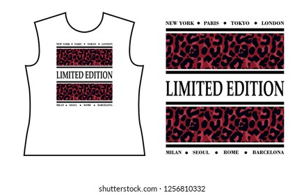 T shirt print design with leopard stripes and names of city and limited edition  slogan. Female t shirt print design