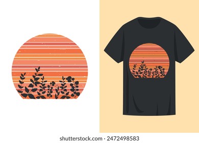 T shirt print design with sunset and plants silhouettes in retro style. Grunge textured botanical emblem logo. Vector illustration