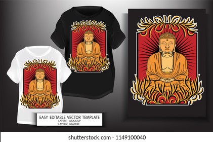 T shirt print design.Buddha tattoo Japanese style. Buddha Graphic with Tokyo Sun and retro background.Mock up Black,white T shirt and Graphic printing.vector.illustration
