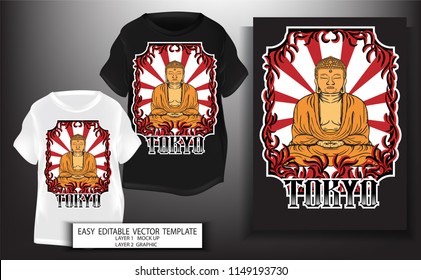 T shirt print design.Buddha tattoo Japanese style. Buddha Graphic with Tokyo text Sun and retro background.Mock up Black,white T shirt and Graphic printing.vector.illustration
