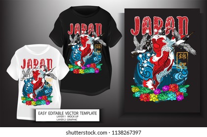 T shirt print design.Japanese style. Koi Fish with lotus flower,text and blue water background.Mock up Black,white T shirt and Graphic printing.vector.illustration.Japanese Translation: Koi Fish