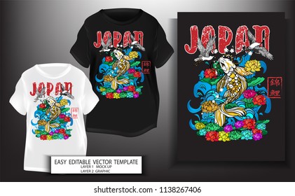 T shirt print design.Japanese style. Koi Fish with lotus flower,text and blue water background.Mock up Black,white T shirt and Graphic printing.vector.illustration.Japanese Translation: Koi Fish