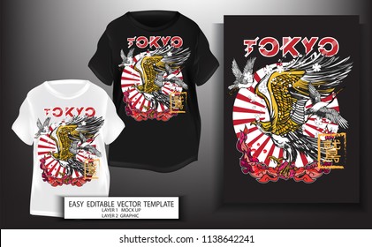 T shirt print design.Japanese style. Eagle with lotus flower,text and red sun background.Mock up Black,white T shirt and Graphic printing.vector.illustration.Japanese Translation: Eagle