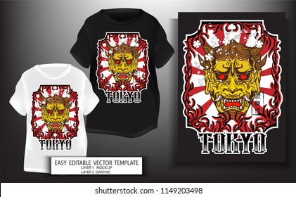 T shirt print design.Japanese style. kabuki demon mark with Tokyo text and Sun background.Mock up Black,white T shirt and Graphic printing.vector.illustration.Japanese Translation: kabuki Mark