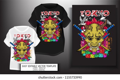 T shirt print design.Japanese style. kabuki demon mark with Tokyo text and Street art background.Mock up Black,white T shirt and Graphic printing.vector.illustration.Japanese Translation: kabuki Mark
