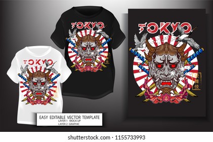 T shirt print design.Japanese style. kabuki demon mark with Tokyo text and Street art background.Mock up Black,white T shirt and Graphic printing.vector.illustration.Japanese Translation: kabuki Mark