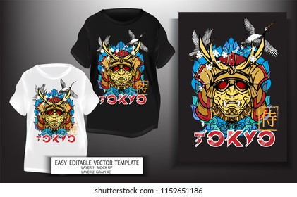 T shirt print design.Japanese style. Samurai mark with Tokyo text and fire background.Mock up Black,white T shirt and Graphic printing.vector.illustration.Japanese Translation: Samurai