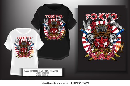 T shirt print design.Japanese style. Samurai mark with Tokyo text and fire background.Mock up Black,white T shirt and Graphic printing.vector.illustration.Japanese Translation: Samurai