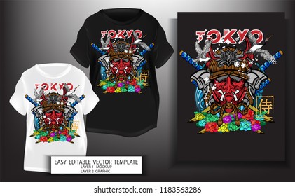 T shirt print design.Japanese style. Samurai mark with Tokyo text and fire background.Mock up Black,white T shirt and Graphic printing.vector.illustration.Japanese Translation: Samurai