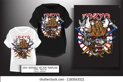 T shirt print design.Japanese style. kabuki demon mark with Tokyo text and Sun background.Mock up Black,white T shirt and Graphic printing.vector.illustration.Japanese Translation: kabuki Mark