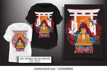 T shirt print design.Japanese style.Great Buddha with sun,icon japan and Sakura flower background.Mock up T shirt and Graphic printing.vector.illustration.Japanese Translation: Buddha