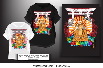 T shirt print design.Japanese style.Great Buddha with sun,icon japan and Sakura flower background.Mock up T shirt and Graphic printing.vector.illustration.Japanese Translation: Buddha