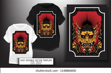 	
T shirt print design.Samurai tattoo Japanese style. kabuki demon mark with Tokyo Sun and retro background.Mock up Black,white T shirt and Graphic printing.vector.illustration