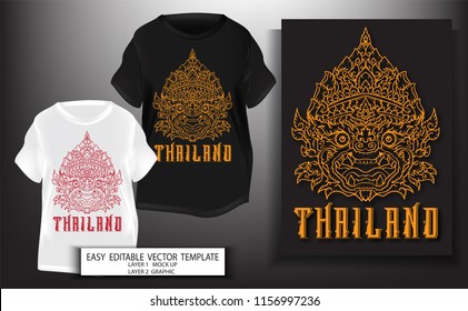 T shirt print design.Thailand style.Lord Hanuman king of monkey Thai style with Thailand text .Mock up Black,white T shirt and Graphic printing.vector.illustration.