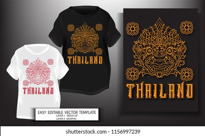 T shirt print design.Thailand style.Lord Hanuman king of monkey Thai style with Thailand text .Mock up Black,white T shirt and Graphic printing.vector.illustration.