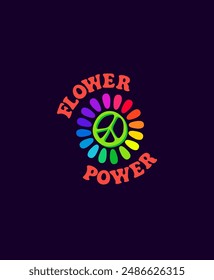 T shirt print or hippy sticker with green hippie peace symbol, daisy with colorful petals and flower power lettering on dark background