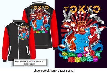 T shirt print or Jacket  design Japanese style. Koi Fish with lotus flower and blue water background.Mock up T shirt or jacket and Graphic printing.vector.illustration.Japanese Translation: Koi Fish