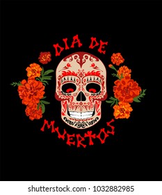 T shirt print with mexican sugar skull, marigold and dia de muertos hand drawing lettering for day of death