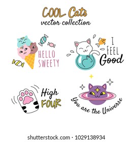 T shirt prints design for girls. Vector illustrations with funny doodle cats and quotes. Isolated on white.