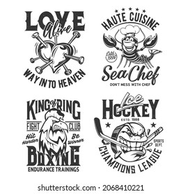 T shirt prints, sport club league, heart, ice hockey and boxing, vector. Fighting club team and champion tee apparel, broken heart tattoo, cuisine chef crab, angry rooster and hockey puck with teeth