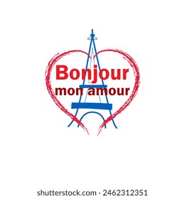 T shirt with quote Bonjour amour and Eiffel tower. Fashion print for sports wear. Template for t shirt, apparel, card, poster. Design element. Heart couple symbol of love. Vector illustration