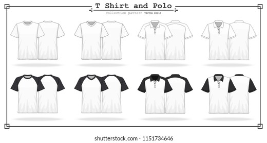 T Shirt round and v neck with Polo collar and sleeves collection set for design , mockup advertising , blank for printing , vector illustration eps10