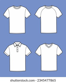 T shirt set flat sketch. Casual wear apparel design. Front view. Men CAD mockup. Fashion technical drawing template. Vector illustration.