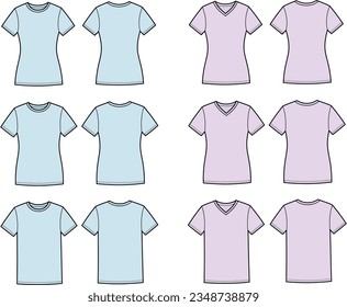 T shirt set flat sketch. Various silhouettes apparel design. Front and back. Women CAD mockup. Technical drawing template. Vector illustration.