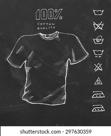 T Shirt and signs for washing  Chalk drawing black board  Vector illustration 