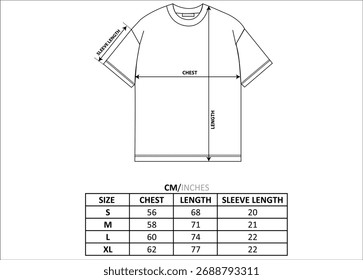 Tabla de tallas de camiseta, boceto plano, maqueta de Vector