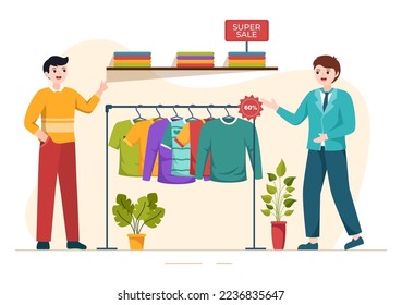 T shirt Store for Buying New Products Clothing or Outfit with Various Color and Model in Flat Cartoon Hand Drawn Templates Illustration 