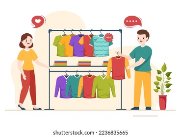 T shirt Store for Buying New Products Clothing or Outfit with Various Color and Model in Flat Cartoon Hand Drawn Templates Illustration 