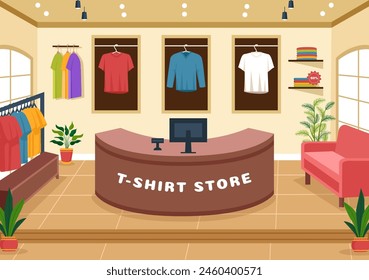 T shirt Store Vector Illustration with Shopping for Clothes or T-shirt for Fashion Styles Women or Men in Flat Cartoon Background Design