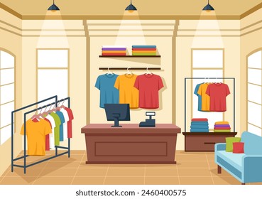 T shirt Store Vector Illustration with Shopping for Clothes or T-shirt for Fashion Styles Women or Men in Flat Cartoon Background Design