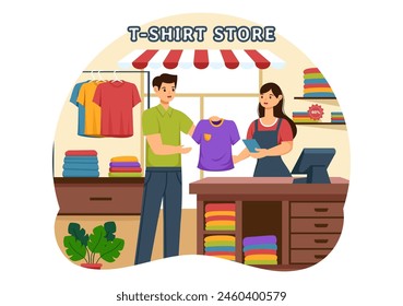 T shirt Store Vector Illustration with Shopping for Clothes or T-shirt for Fashion Styles Women or Men in Flat Cartoon Background Design